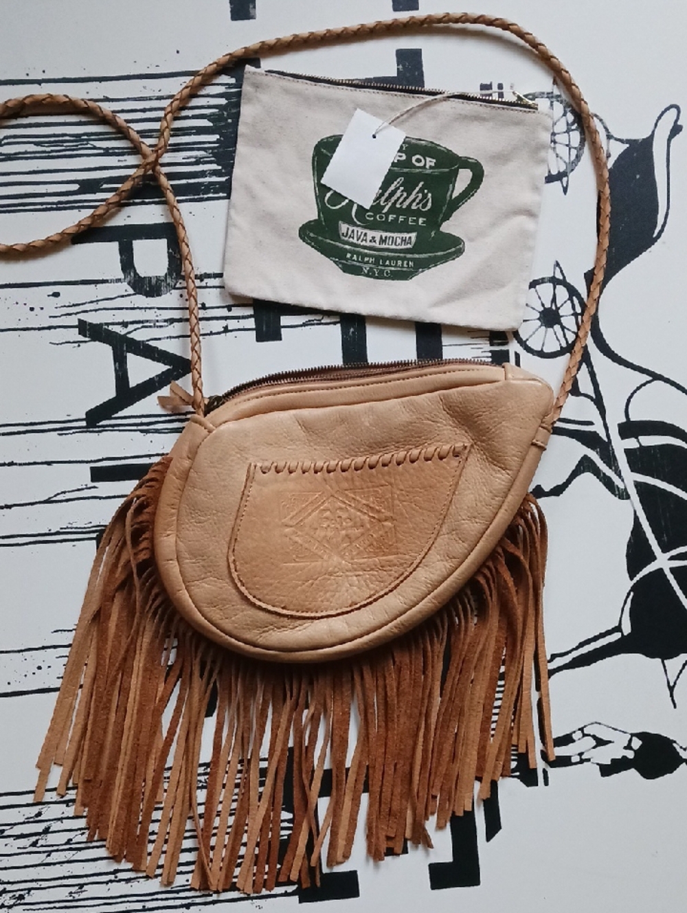 Polo Raloh Lauren Natural Leather Fringe Crossbody Bag+ RL Canvas Cosmetic Bag